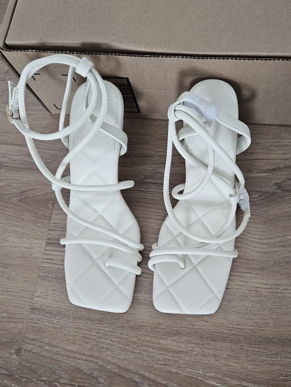 Women’s Strappy Quilted Square-Toe Heels in Cream Size 8.5